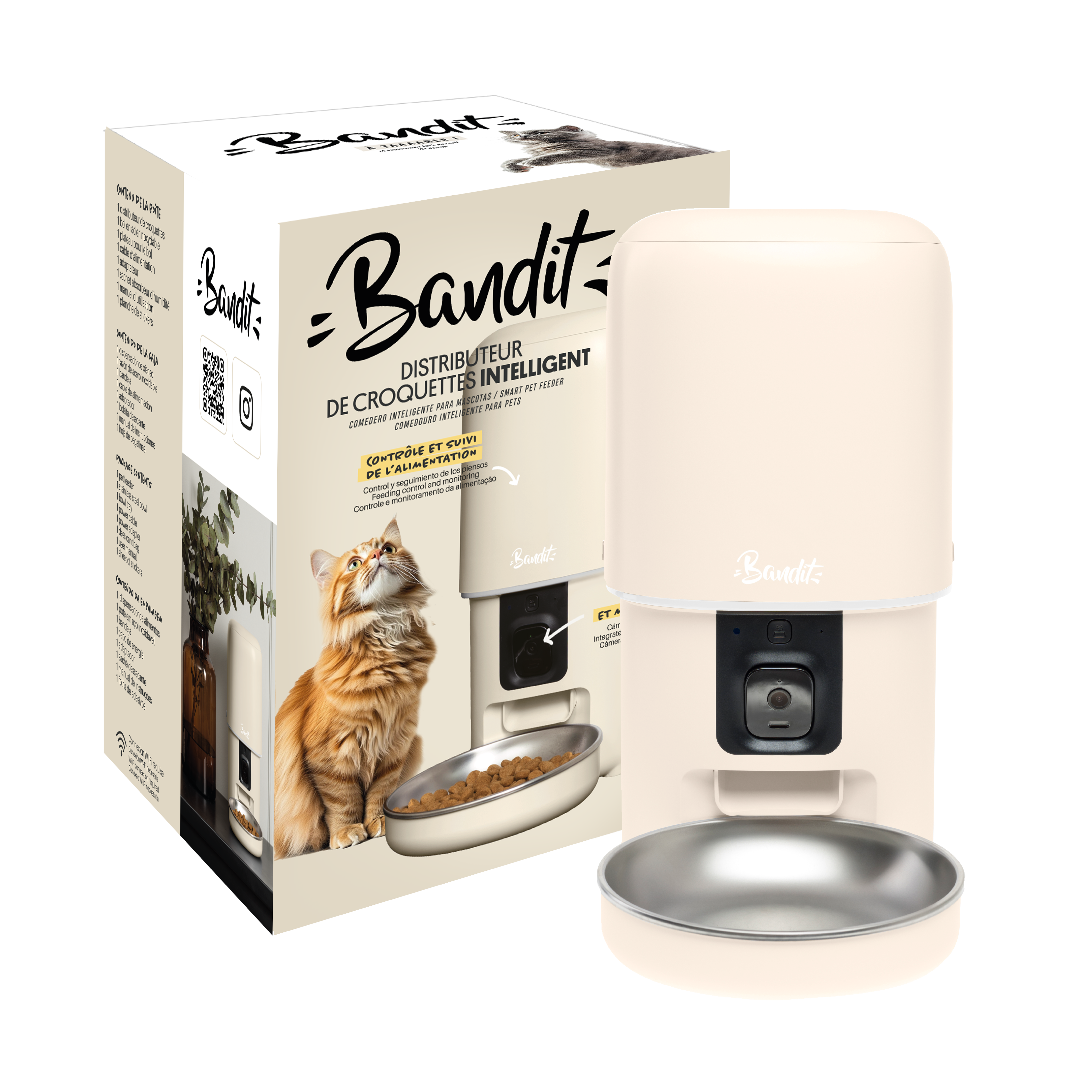 Distributeur de croquettes intelligent Bandit crème avec caméra et bol inox pour chat chien