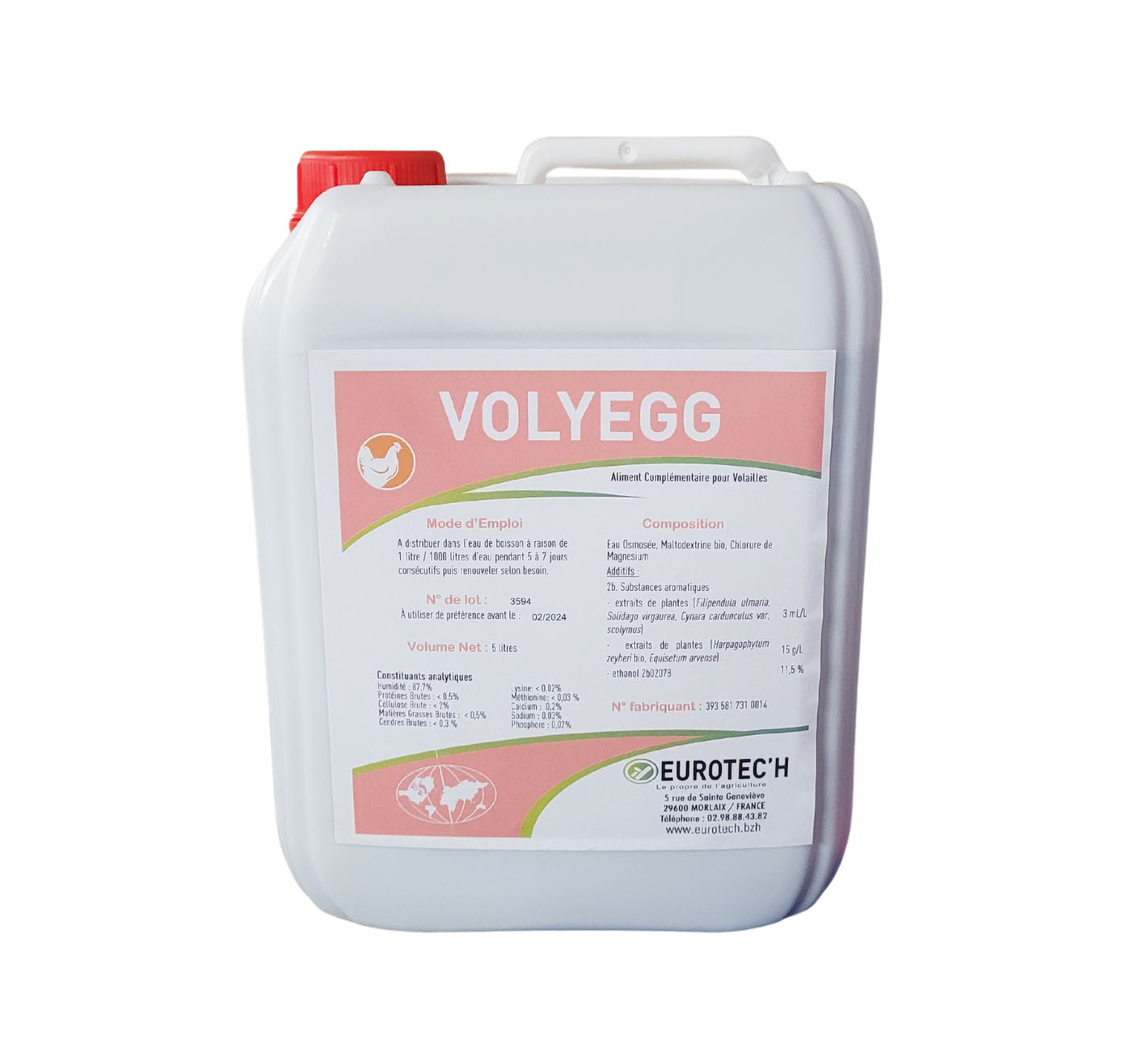 Bidon VOLYEGG 5L, complément alimentaire pour solidité de la coquille d'œuf en format professionnel.