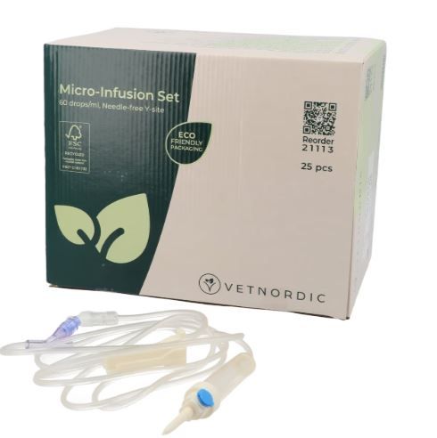 Boîte de 25 kits de micro-perfusion Vetnordic 60 gouttes/ml avec tubulure de 200 cm et site d'injection en Y sans aiguille.