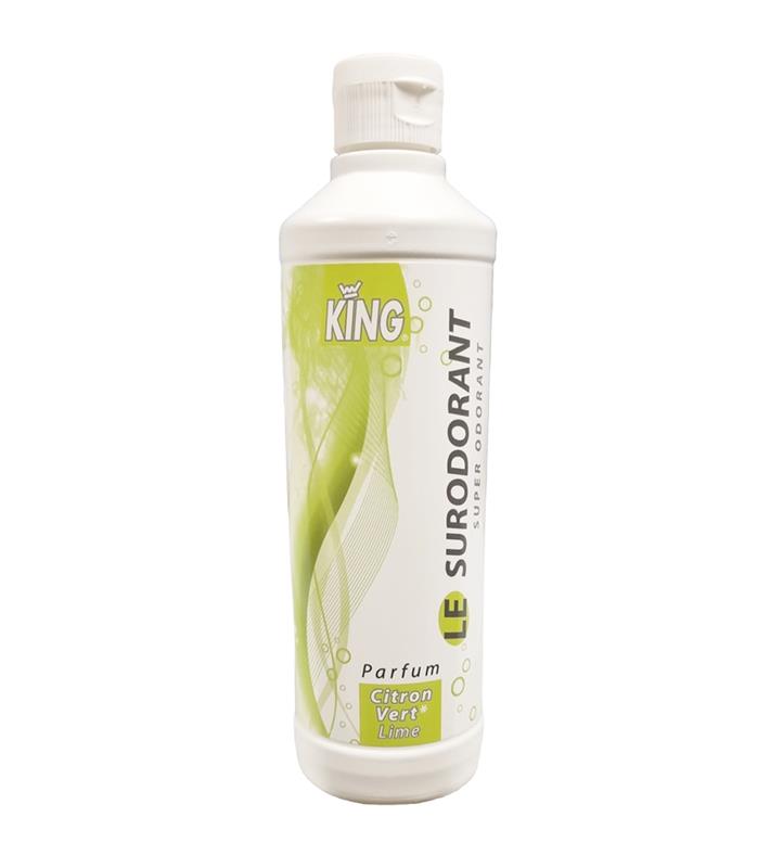 Flacon cylindrique blanc de 500 ml de Surodorant King Parfum Citron Vert super odorant pour le traitement professionnel des mauvaises odeurs.