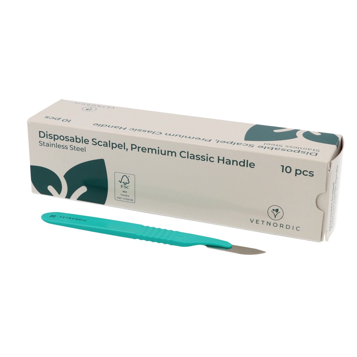 Scalpel jetable n°22 VetNordic grande lame acier inoxydable manche ergonomique.