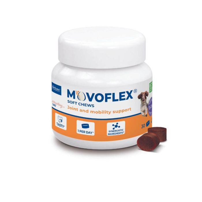Pot blanc de MOVOFLEX M Virbac avec 30 bouchées moelleuses pour le soutien articulaire des chiens de 15 à 35 kg.