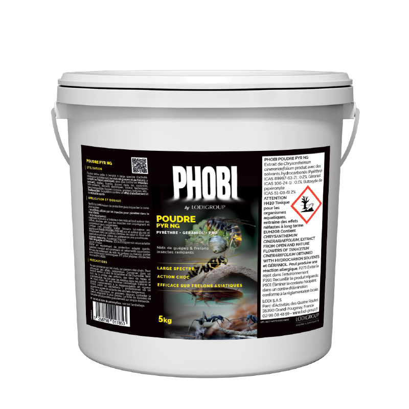 Seau PHOBI Poudre PYR NG 5kg Lodi Group, insecticide poudre choc pour nids de guêpes et frelons.