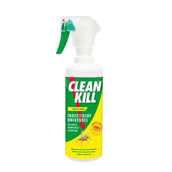 Flacon blanc de 500 ml d'insecticide universel Clean Kill Micro Fast pour surfaces contre les volants et rampants avec pistolet vert.