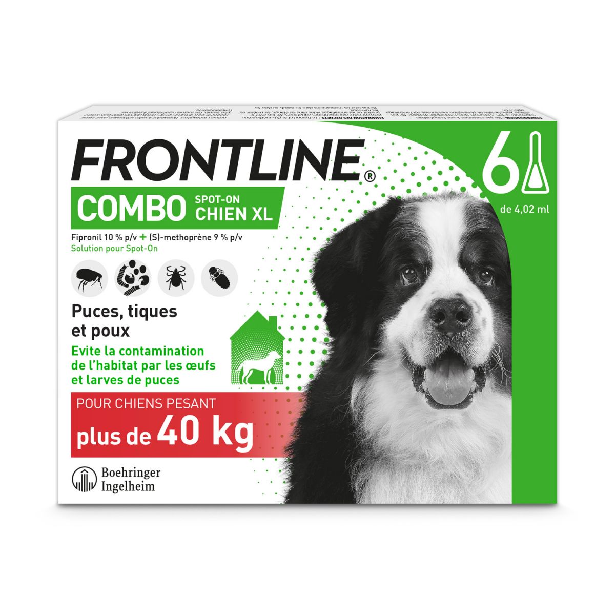 Boîte Frontline Combo Chien XL +40kg 6 pipettes traitement longue durée.