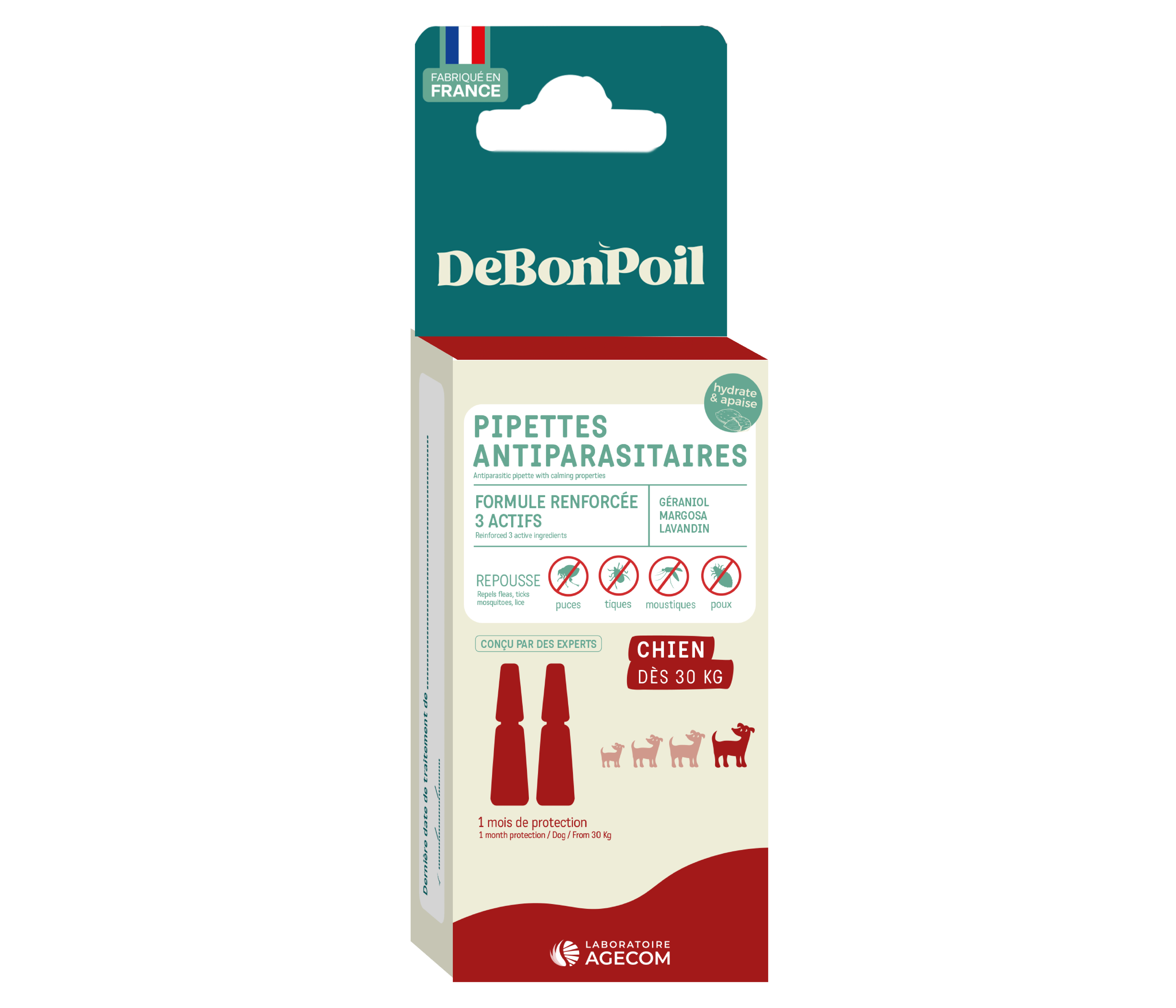 Boîte verte et beige de 2 Pipettes Antiparasitaires DeBonPoil pour grand chien de plus de 30 kg au géraniol fabriquées en France.
