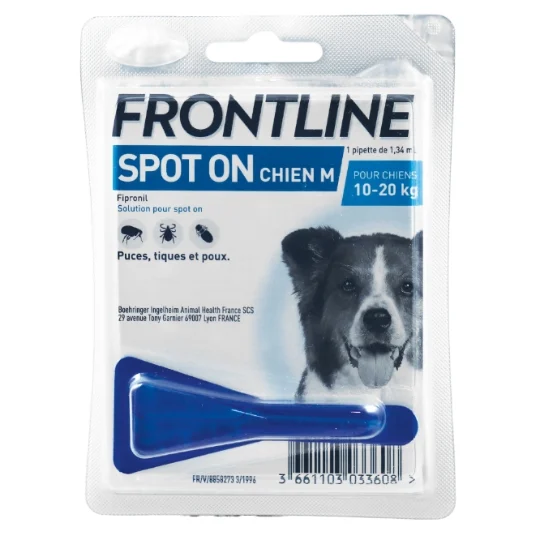 Blister d'une pipette bleue Frontline Spot On Chien M pour chien moyen de 10 à 20 kg contre les puces et tiques.