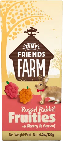 Boite de 120g de biscuits croquants a la cerise et abricot Tiny Friends Farm Russel Rabbit Fruities.