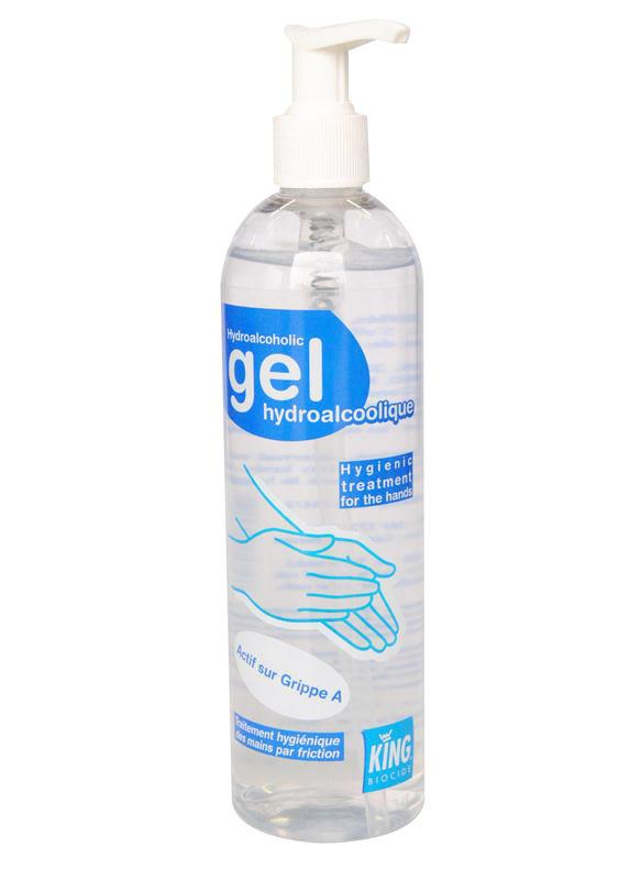 Flacon pompe transparent de 400 ml de gel hydroalcoolique King du Laboratoire Prodene Kling actif sur la Grippe A.