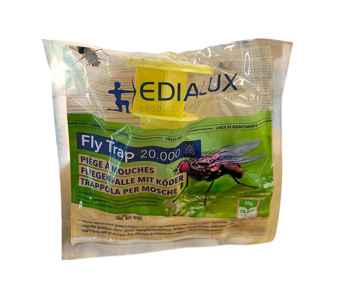 Sac piège à mouches écologique jetable Fly Trap 20 000 Edialux avec cône d'entrée jaune pour utilisation extérieure.