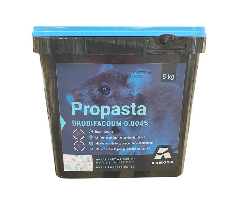 Seau de 5 kg de rodenticide Propasta à base de brodifacoum 0,004%, appât prêt à l'emploi en pâtes huilées à effet choc pour rats et souris.