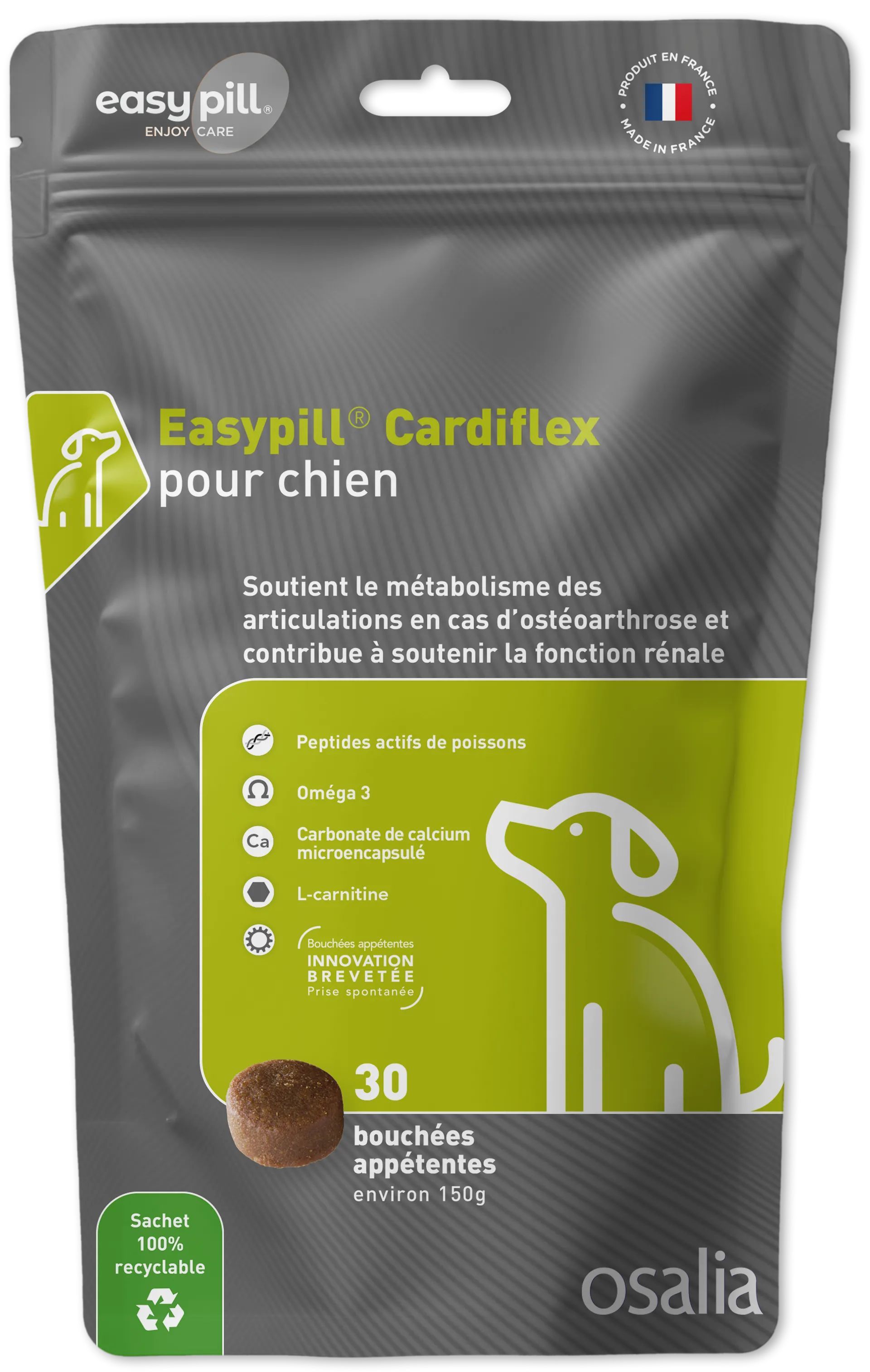 Sachet Easypill Cardiflex Chien 30 bouchées - Complément articulations et reins avec peptides de poisson et oméga 3.