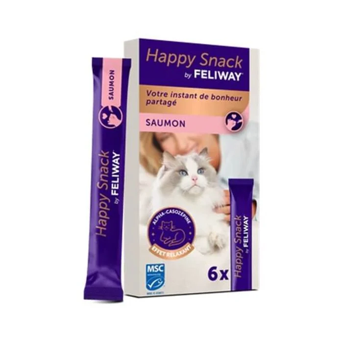 Étui blanc et violet de Happy Snack by FELIWAY au saumon, contenant 6 sticks onctueux à effet relaxant avec logo Saumon MSC.