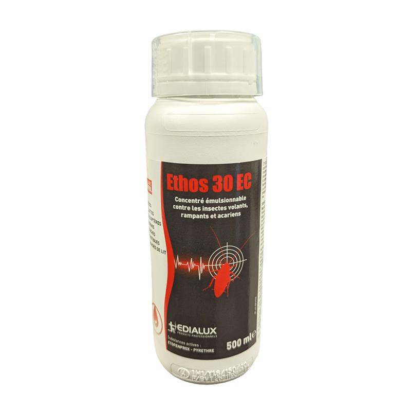 Flacon de 500 ml d'insecticide Ethos 30 EC Edialux, concentré émulsionnable à base d'Etofenprox pour professionnels.