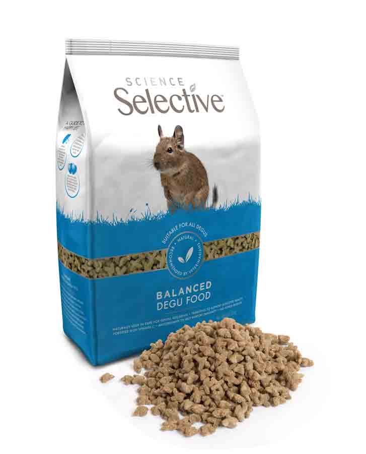 Sachet de 1,5 kg d'extrudés Supreme Science Selective Octodon Degu avec visuel d'octodon sur fond bleu.