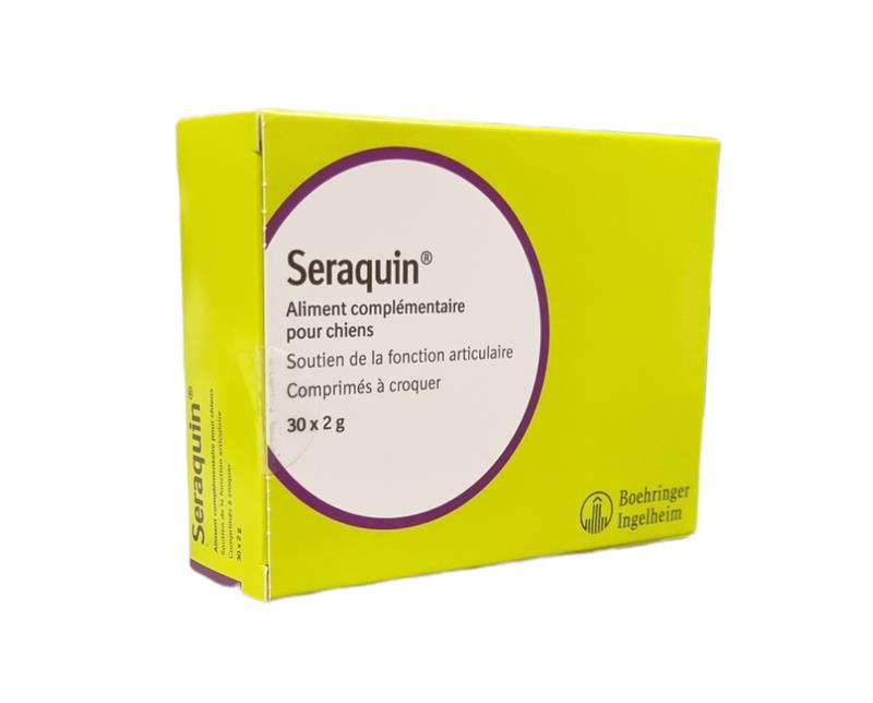 Boîte de Seraquin Boehringer Ingelheim, aliment complémentaire pour chiens de 30 comprimés à croquer de 2g pour le soutien de la fonction articulaire.