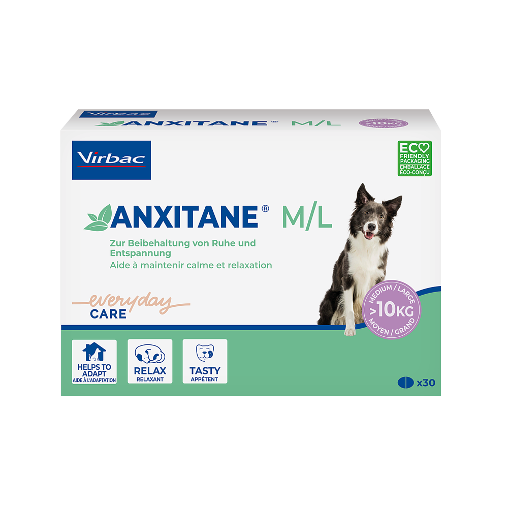 Anxitane M/L Virbac 30 comprimés – complément naturel à base de L-théanine pour apaiser le stress des chiens moyens et grands.