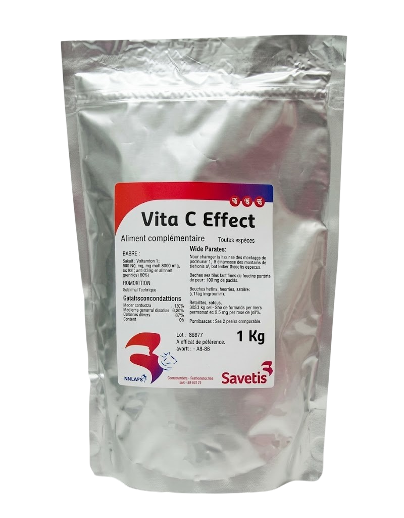 Vitamine C Effect Savetis 1 kg – complément antioxydant pour animaux d’élevage