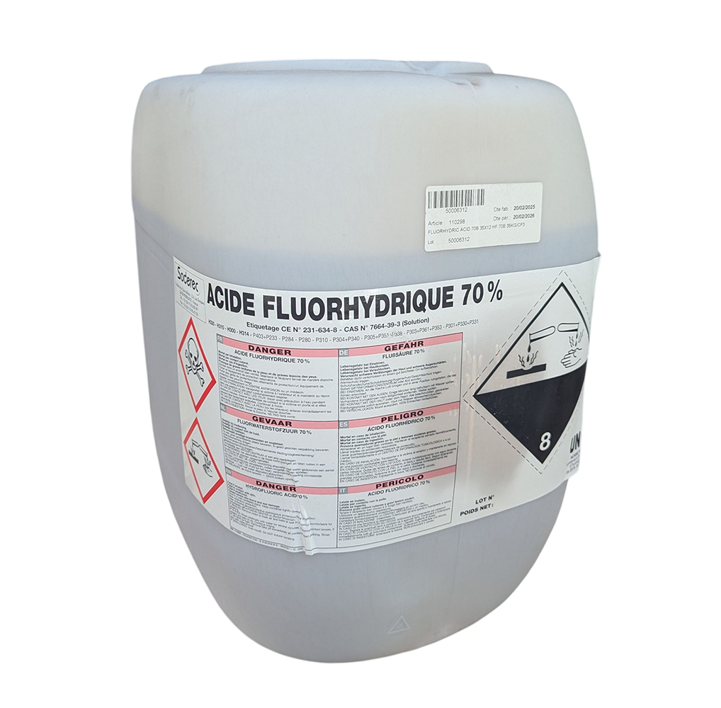 Bidon 35 kg d’acide fluorhydrique 70 % TECH pour usage industriel
