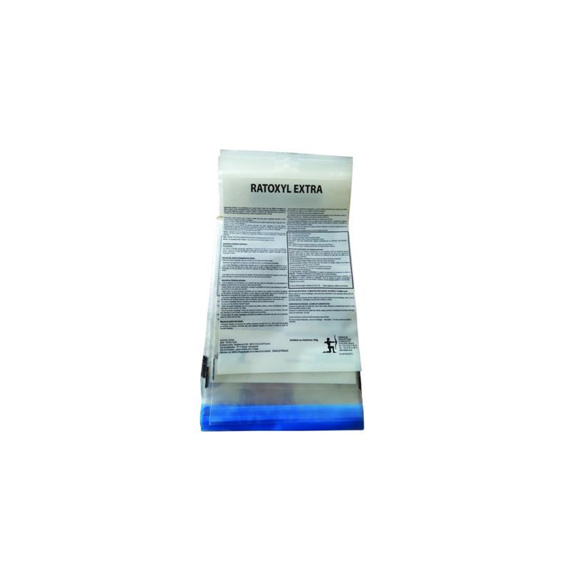 Carton de 10 kg de Ratoxyl Extra GP avec sachets de 30 g d'avoine décortiquée bleue pour la lutte contre les rats et souris.