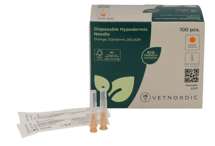 Boîte de 100 aiguilles hypodermiques jetables VetNordic 25G Orange 16mm, biseau normal.